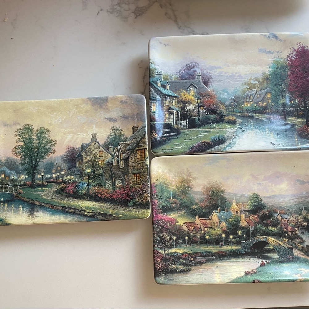 Thomas Kinkade Village River Scene in Green, Blue, Pink and Brown